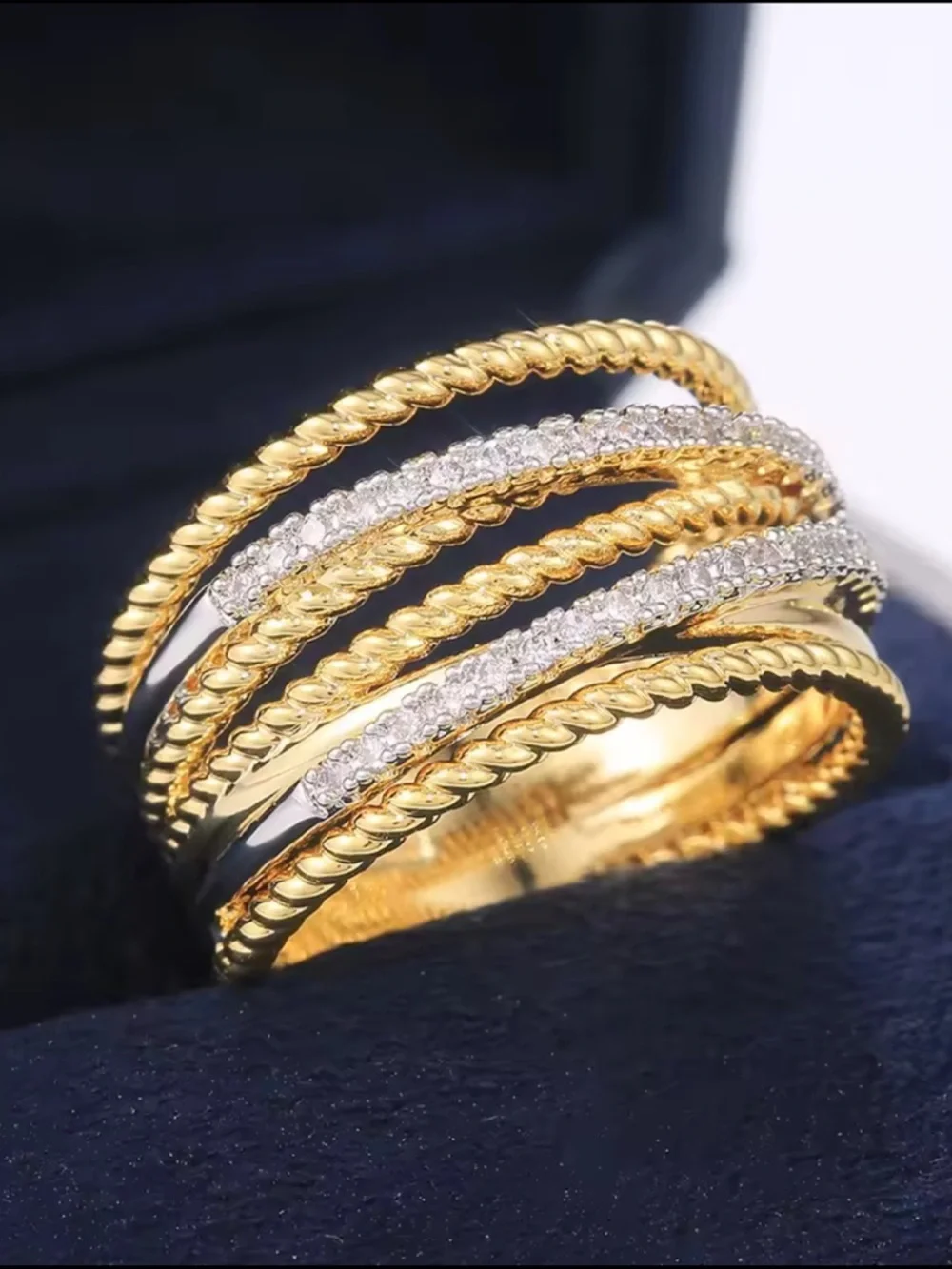 Gold Silver Multi-Row Twisted Band Ring - Women Jewelry